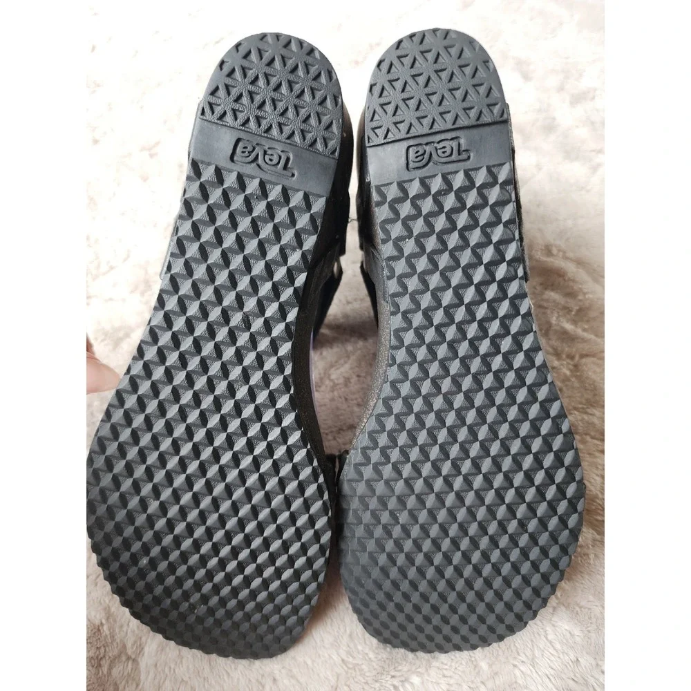 Teva Ysidro Universal Black Leather Cork Wedge Strappy Sandals Womens 7